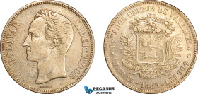 Venezuela, 5 Bolivares 1889, Philadelphia Mint, Silver, KM# 24, Champagne toning! EF