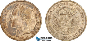 Venezuela, 5 Bolivares 1904, Paris Mint, Silver, KM# 24, Uneven toning, VF