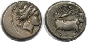 Griechische Münzen, KAMPANIEN. Neapolis. Didrachme oder Nomos ca. 300-275 v. Chr. Magistrat Ny... (7,17 g. 20,0 mm). Vs.: Nymphenkopf. Rs.: Menschenkö...