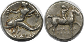 Griechische Münzen, KALABRIEN. Tarent. Nomos oder Didrachme ca. 272-240 v. Chr. Magistrat Agatharchos (6,35 g. 19,5 mm). Vs.: Ephebe zu Pferd. Rs.: Ta...