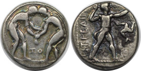 Griechische Münzen, PAMPHYLIEN. Aspendos. Stater ca. 420-370 v. Chr. (10,62 g. 20,5 mm. ). Vs.: Zwei Ringer. Rs.: Schleiderer, rechts Triskelis. SNG F...
