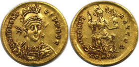 Römische Münzen, MÜNZEN DER RÖMISCHEN KAISERZEIT. Honorius (393 - 423 n. Chr). AV Solidus 402-403 n. Chr., Konstantinopel, 9. Offizin. (4,48 g. 20,2 m...