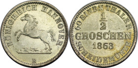 Altdeutsche Münzen und Medaillen, BRAUNSCHWEIG - CALENBERG - HANNOVER. Georg V. (1851-1866). 1/2 Groschen 1863 B. Billon. KM 235. Fast Stempelglanz. K...