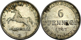 Altdeutsche Münzen und Medaillen, BRAUNSCHWEIG - CALENBERG - HANNOVER. Ernst August (1837-1851). 6 Pfennig 1847 B. KM 205. Fast Stempelglanz. Flecken....