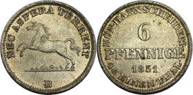 Altdeutsche Münzen und Medaillen, BRAUNSCHWEIG - CALENBERG - HANNOVER. Ernst August (1837-1851). 6 Pfennig 1851 B. KM 205. Stempelglanz