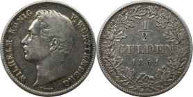 Altdeutsche Münzen und Medaillen, WÜRTTEMBERG. Wilhelm I. (1816-1864). 1/2 Gulden 1841. Silber. AKS 86. Sehr Schön