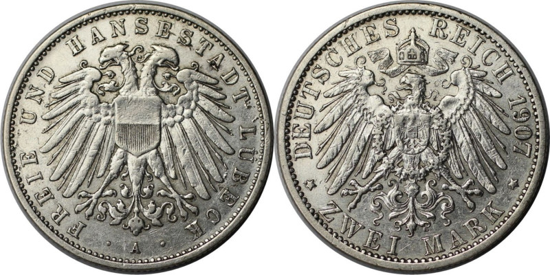 Deutsche Münzen und Medaillen ab 1871, REICHSSILBERMÜNZEN, Lübeck. 2 Mark 1907 A...