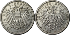 Deutsche Münzen und Medaillen ab 1871, REICHSSILBERMÜNZEN, Lübeck. 2 Mark 1907 A. Silber. Jaeger 81. Vorzüglich