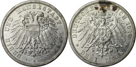 Deutsche Münzen und Medaillen ab 1871, REICHSSILBERMÜNZEN, Lübeck. 3 Mark 1910 A. Silber. Jaeger 82. Vorzüglich-stempelglanz, Flecken