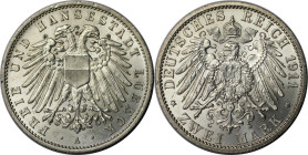 Deutsche Münzen und Medaillen ab 1871, REICHSSILBERMÜNZEN, Lübeck. 2 Mark 1911 A. Silber. Jaeger 81. Stempelglanz