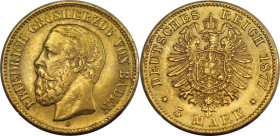 Deutsche Münzen und Medaillen ab 1871, REICHSGOLDMÜNZEN, Baden. Friedrich I. (1852-1907). 5 Mark 1877. Gold. 2,0 g. Sehr schön. Kratzer