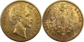 Deutsche Münzen und Medaillen ab 1871, REICHSGOLDMÜNZEN, Bayern. Ludwig II. (1864-1886). 20 Mark 1873 D. Gold. 7,93 g. KM 854. Sehr schön-vorzüglich...