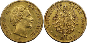 Deutsche Münzen und Medaillen ab 1871, REICHSGOLDMÜNZEN, Bayern. Ludwig II. (1864-1886). 5 Mark 1877 D, München. Gold. 1,98 g. Jaeger 195. Sehr schön...