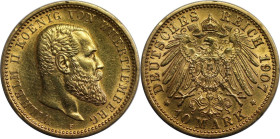 Deutsche Münzen und Medaillen ab 1871, REICHSGOLDMÜNZEN, Wurttemberg. Wilhelm II. (1891-1918). 10 Mark 1907 F, Stuttgart. Gold. 3,98 g. Jaeger 295. Se...