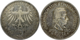Deutsche Münzen und Medaillen ab 1945, BUNDESREPUBLIK DEUTSCHLAND. 5 Mark 1955 F. Zum 150. Todestag von Friedrich von Schiller. Silber. Jaeger 389. Vo...