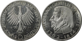 Deutsche Münzen und Medaillen ab 1945, BUNDESREPUBLIK DEUTSCHLAND. 5 Mark 1964 J, 150. Todestag Fichtes. Silber. Jaeger 393. Stempelglanz