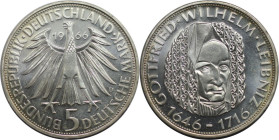 Deutsche Münzen und Medaillen ab 1945, BUNDESREPUBLIK DEUTSCHLAND. Wilhelm Leibniz. 5 Mark 1966 D. 11,20 g. 0.625 Silber. 0.23 OZ. KM 119. Jaeger 394....