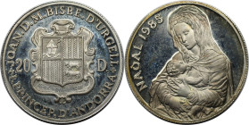 Europäische Münzen und Medaillen, Andorra. Maria mit Jesuskind. Weihnacht. 20 Diners 1985. 16,0 g. 0.900 Silber. 0.46 OZ. KM 26. Polierte Platte. Pati...