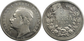 Europäische Münzen und Medaillen, Bulgarien / Bulgaria. Ferdinand I. (1887-1918). 5 Lewa 1892. Silber. KM 15. Sehr schön+
