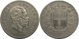 Europäische Münzen und Medaillen, Italien / ItaIy. Vittorio Emanuele II. (1861-1878). 5 Lire 1874 M BN. Silber. KM 8.3. Sehr schön-vorzüglich