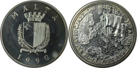 Europäische Münzen und Medaillen, Malta. 20. Jahrestag Malta - EU. 5 Liri 1990. 28,28 g. 0.925 Silber. 0.84 OZ. KM 91. Stempelglanz