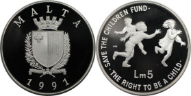 Europäische Münzen und Medaillen, Malta. Kinderfonds. 5 Liri 1991. 28,28 g. 0.925 Silber. 0.84 OZ. KM 92. Polierte Platte