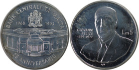 Europäische Münzen und Medaillen, Malta. 25. Jahrestag der Zentralbank. 5 Liri ND (1993). 28,28 g. 0.925 Silber. 0.84 OZ. KM 102. Stempelglanz