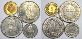 Europäische Münzen und Medaillen, Schweiz / Switzerland, Lots und Sammlungen. 5 Rappen 1983, KM 26c (St). 1/2 Franken 1979, KM 23a.1 (Vz). 2 x 2 Frank...