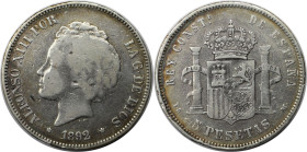 Europäische Münzen und Medaillen, Spanien / Spain. Alfonso XIII. 5 Pesetas 1892 PG - M. Silber. KM 700. Sehr schön