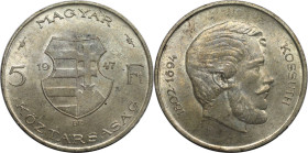 Europäische Münzen und Medaillen, Ungarn / Hungary. Lajos Kossuth. 5 Forint 1947. 12,0 g. 0.500 Silber. 0.19 OZ. KM 534a. Fast Stempelglanz. Kl.Kratze...