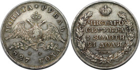 Russische Münzen und Medaillen, Nikolaus I. (1826-1855). Rubel 1827 SPB NG. Vs.: Doppelköpfiger Adler mit ausgebreiteten Flügeln von vorne, Schild auf...