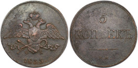Russische Münzen und Medaillen, Nikolaus I. (1826-1855). 5 Kopeken 1833 EM-FX. Kupfer. Bitkin 487. Sehr schön