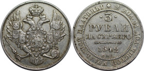 Russische Münzen und Medaillen, Nikolaus I. (1826-1855). 3 Rubel 1842 SPB. Vs.: Gekrönter Doppeladler frontal mit ausgebreiteten Flügeln, Schild auf d...