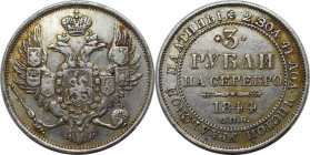 Russische Münzen und Medaillen, Nikolaus I. (1826-1855). 3 Rubel 1844 SPB, St. Petersburg. Platin. 10,27 g. Bitkin 90 (R), Sev. 644 (S), Uzd. 409 (S),...