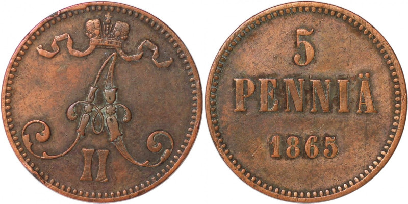 Russische Münzen und Medaillen, Alexander II. (1854-1881), 5 Penniä 1865, Finnla...