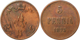 Russische Münzen und Medaillen, Alexander II. (1854-1881), 5 Penniä 1875, Finnland. Kupfer. KM 4.2. Bitkin 657. Vorzüglich