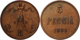 Russische Münzen und Medaillen, Alexander III. (1881-1894). Finnland. 5 Penniä 1889. Kupfer. Bitkin 247. Vorzüglich
