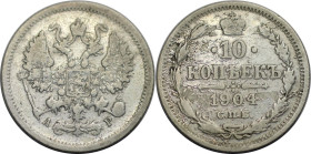 Russische Münzen und Medaillen, Nikolaus II. (1894-1918). 10 Kopeken 1904 SPB AR. Silber. KM Y# 20a, Bitkin 156. Schön-sehr schön