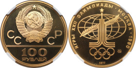 Russische Münzen und Medaillen, UdSSR und Russland. XXII. Olympische Sommerspiele, Moskau 1980. 100 Rubel 1977 (m). 17,28 g. 0.900 Gold. 0.5 OZ. KM A1...