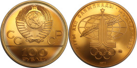 Russische Münzen und Medaillen, UdSSR und Russland. XXII. Olympische Sommerspiele, Moskau 1980. 100 Rubel 1977. 17,28 g. 0.900 Gold. 0.5 OZ. KM A163. ...