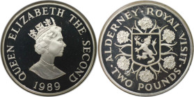 Weltmünzen und Medaillen, Alderney. Königlicher Besuch. 2 Pounds 1989. 28,28 g. 0.925 Silber. 0.84 OZ. KM 1a. Polierte Platte