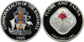 Weltmünzen und Medaillen, Bahamas. Farbmünze. Hibiskus. 2 Dollars 1995. 30,08 g. 0.999 Silber. 1.0 OZ. KM 164. Polierte Platte