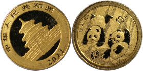 Weltmünzen und Medaillen, China. 40. Jahrestag der Panda-Prägung. 10 Yuan 2022. 1 g. 0.999 Gold. KM UC# 247. Stempelglanz. Original Folie