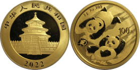 Weltmünzen und Medaillen, China. 40. Jahrestag der Panda-Prägung. 100 Yuan 2022. 8 g. 0.999 Gold. KM UC# 441. Stempelglanz. Original Folie