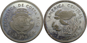 Weltmünzen und Medaillen, Costa Rica. 15 Jahre WWF - Grüne Schildkröten. 50 Colones 1974. 28,28 g. 0.925 Silber. 0.84 OZ. KM 200a. Polierte Platte