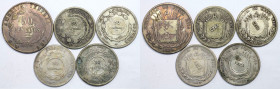 Weltmünzen und Medaillen, Costa Rica, Lots und Sammlungen. 50 Centavos 1880 und 4 x 50 Centimos 1923 (Gegenstempel). Lot von 5 Münzen. Silber. Untersc...