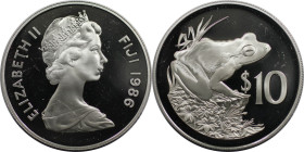 Weltmünzen und Medaillen, Fidschi / Fiji. 25. Jahrestag des World Wildlife Fund - Fidschi Bodenfrosch. 10 Dollars 1986. 28,28 g. 0.925 Silber. 0.84 OZ...