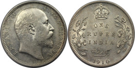 Weltmünzen und Medaillen, Indien / India. Britisch Indien. Edward VII. (1901-1910). 1 Rupee 1910. 11,66 g. 0.917 Silber. 0.34 OZ. KM 508. Stempelglanz...