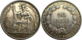 Weltmünzen und Medaillen, Indo-Chinе. FRANZÖSISCH INDOCHINA. 20 Centimes 1902. Silber. KM 10. Sehr schön. Patina