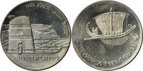 Weltmünzen und Medaillen, Israel. 15 Jahre Staat Israel, Galeere. 5 Lirot 1963. 25,0 g. 0.900 Silber. 0.72 OZ. KM 39. Stempelglanz